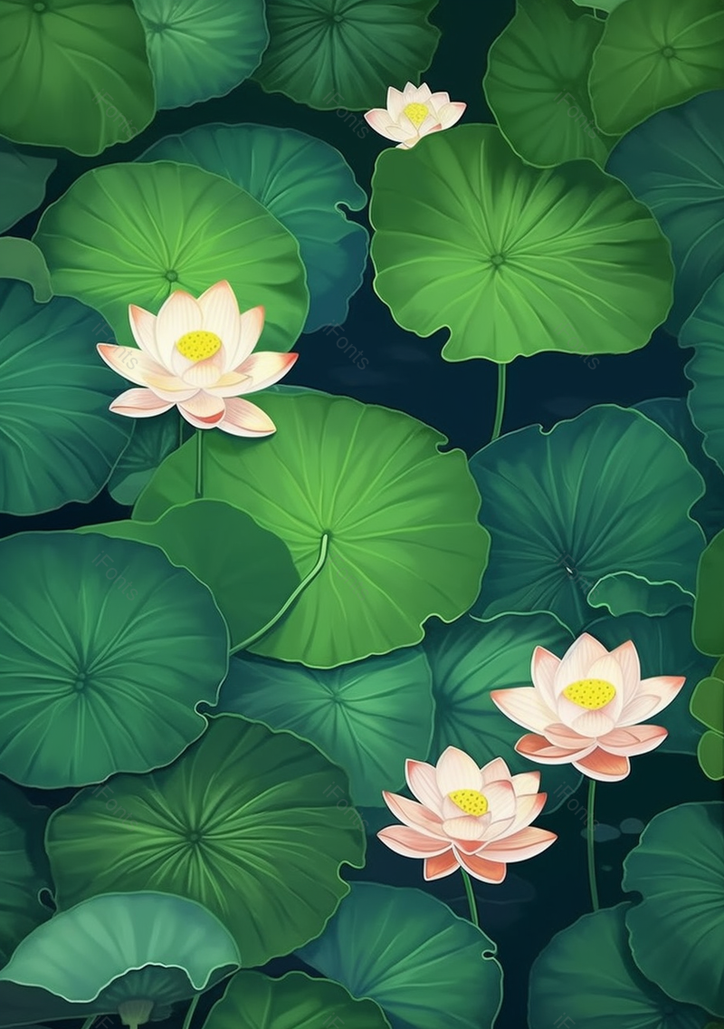 池塘里盛开了四朵荷花自然插画壁纸背景,插画/手绘图,插画/手绘图库,插画/手绘图下载,插画/手绘